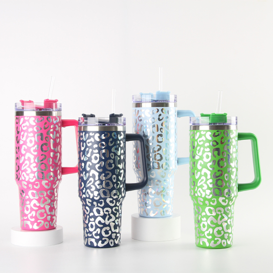 Yunxin Travel Glitter Bling Pink Leopard Print Glass 40Oz Stainless Steel Mug Tumbler With Handle Leopard