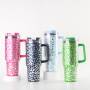 Yunxin Travel Glitter Bling Pink Leopard Print Glass 40Oz Stainless Steel Mug Tumbler With Handle Leopard