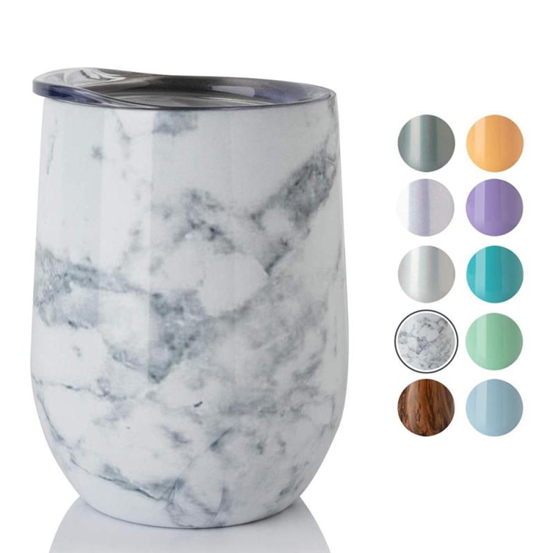 12 oz Stemless Marble Glass Wine Stainless Steel Insulated Travel Tumbler Wine Cup With Lid Straw