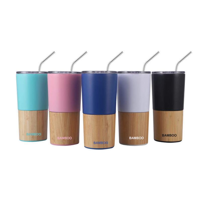 New 20Oz Stainless Steel Eco Friendly Bamboo Double Walled Vacuum Insulation Travel  Car Mug Coffee Mug With Straws
