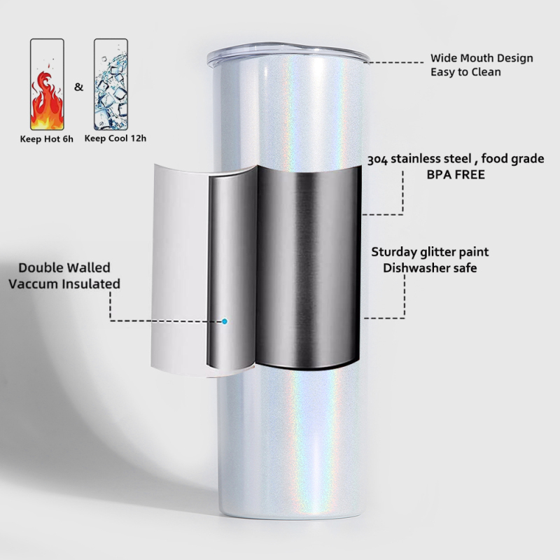 Wholesale Custom Logo Stainless Steel Insulated Glitter 20 oz Skinny Tumblers with Straw and Lid 20oz Glitter Tumbler