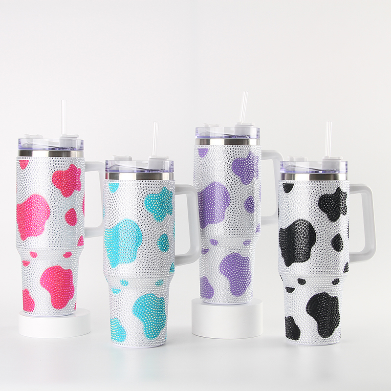 Custom Sublimation Leakproof Bling Cow Print Double-wall 40Oz Cup Mug Tumbler Lid With Handle Straw Cow Print