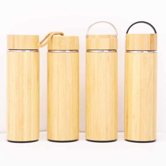 Hot Selling  Double Walled Vacuum Insulated  450ml  Stainless Steel Travel Mug Tumbler Bamboo Water Bottle With Handle