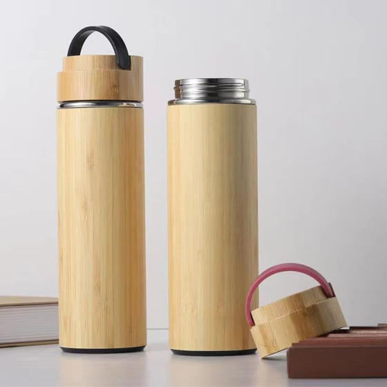 Hot Selling  Double Walled Vacuum Insulated  450ml  Stainless Steel Travel Mug Tumbler Bamboo Water Bottle With Handle