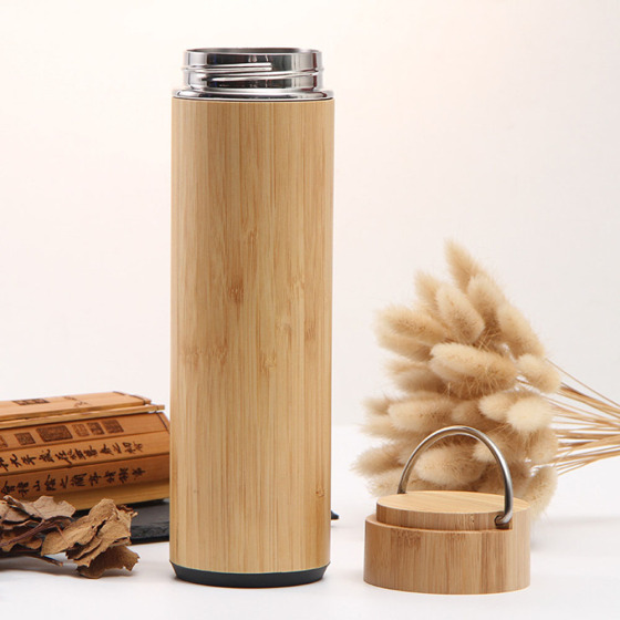 Hot Selling  Double Walled Vacuum Insulated  450ml  Stainless Steel Travel Mug Tumbler Bamboo Water Bottle With Handle