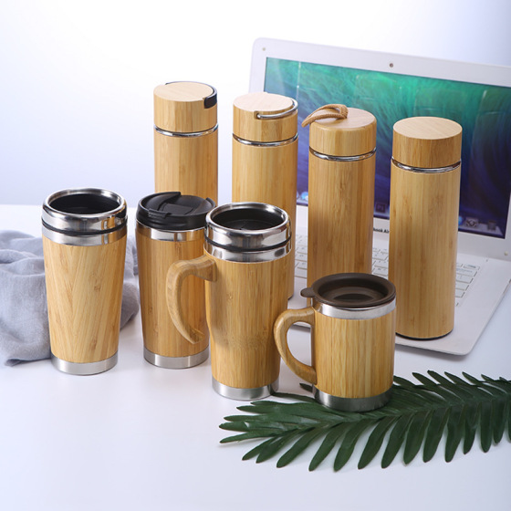 Hot Selling  Double Walled Vacuum Insulated  450ml  Stainless Steel Travel Mug Tumbler Bamboo Water Bottle With Handle