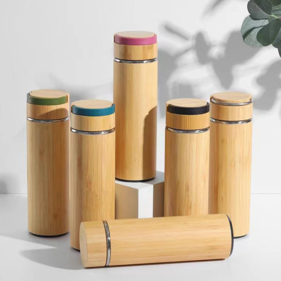 Hot Selling  Double Walled Vacuum Insulated  450ml  Stainless Steel Travel Mug Tumbler Bamboo Water Bottle With Handle