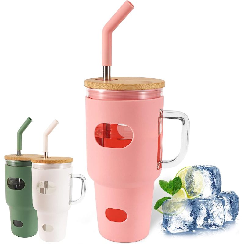 Custom Travel Tea Clear Reusable 32Oz Unbreakable Borosilicate Can Glass Tumbler Mugs Cups With Handle Bamboo Lids and Straws