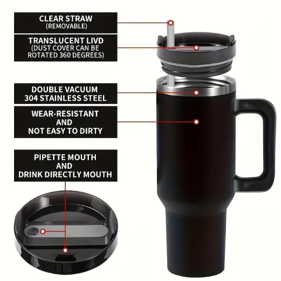 Travel Leakproof  Lids Double-Wall Stainless Steel Insulated Powder Coated Car 40Oz Tumbler Mug With Handle Lids
