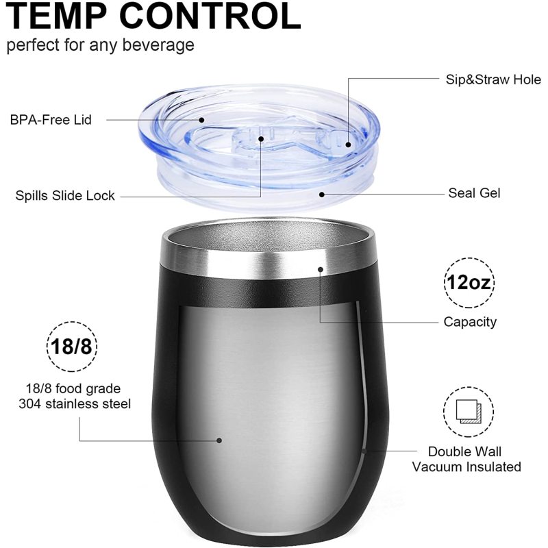 Factory Wholesale Customized 12oz Wine Glass Stainless Steel Insulated Reusable Egg Wine Tumbler Cup With Lid