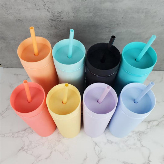 New in Bulk Custom Logo Topper Flat Lid  Green Pink Color Juice Kids Classic Shaped 16 oz Acrylic Double Wall Wine Tumbler Cups
