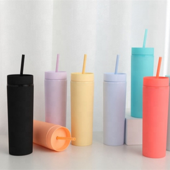 New in Bulk Custom Logo Topper Flat Lid  Green Pink Color Juice Kids Classic Shaped 16 oz Acrylic Double Wall Wine Tumbler Cups