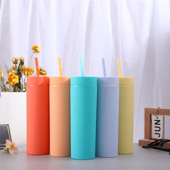 New in Bulk Custom Logo Topper Flat Lid  Green Pink Color Juice Kids Classic Shaped 16 oz Acrylic Double Wall Wine Tumbler Cups