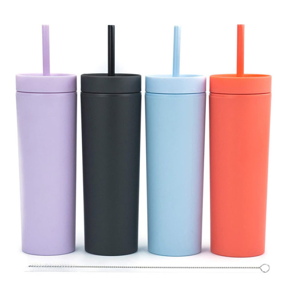 New in Bulk Custom Logo Topper Flat Lid  Green Pink Color Juice Kids Classic Shaped 16 oz Acrylic Double Wall Wine Tumbler Cups