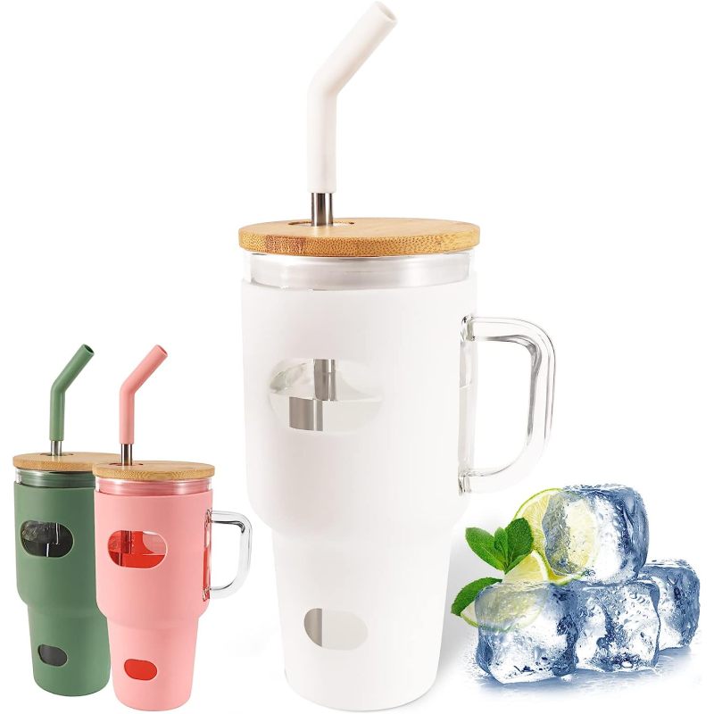 320Z Sublimation Coffee Tea Clear Double Wall Borosilicate Glass Tumbler Mugs Cups With Silicone Sleeve Bamboo Lid and Straw