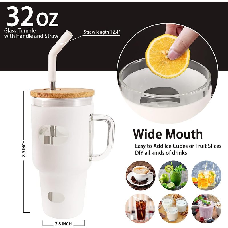 320Z Sublimation Coffee Tea Clear Double Wall Borosilicate Glass Tumbler Mugs Cups With Silicone Sleeve Bamboo Lid and Straw