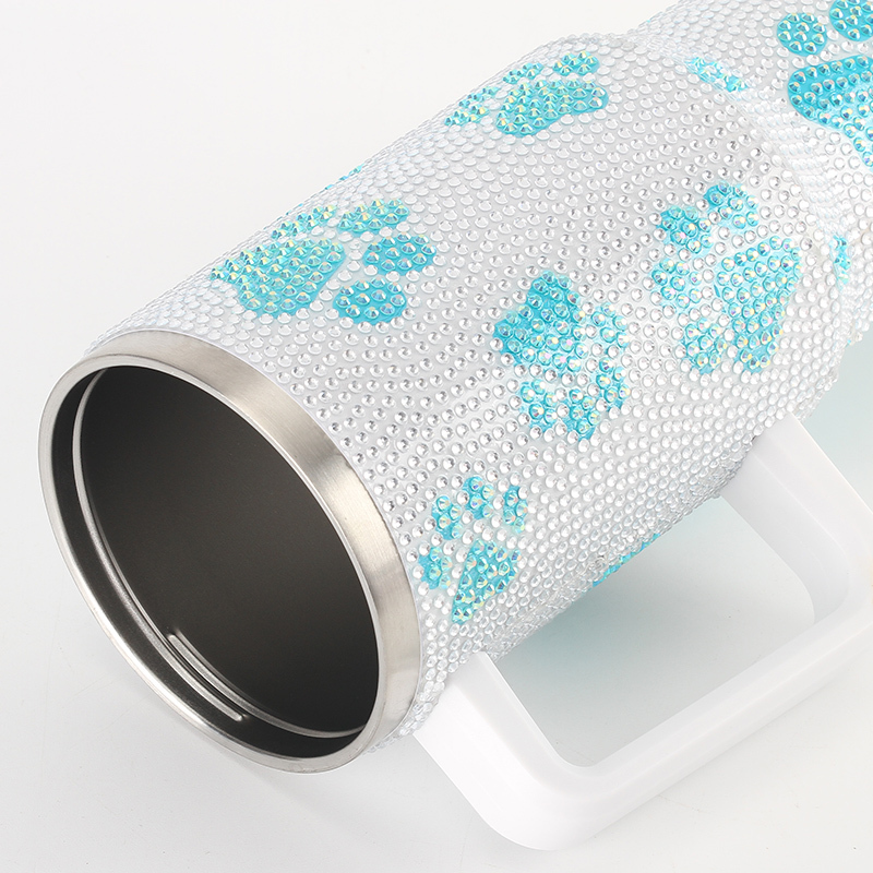 Glass Rhinestone White Double Wall Stainless Steel Mug 40Oz Tumbler With Handle and Straw