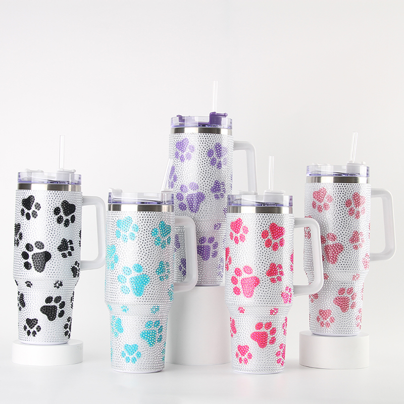Glass Rhinestone White Double Wall Stainless Steel Mug 40Oz Tumbler With Handle and Straw