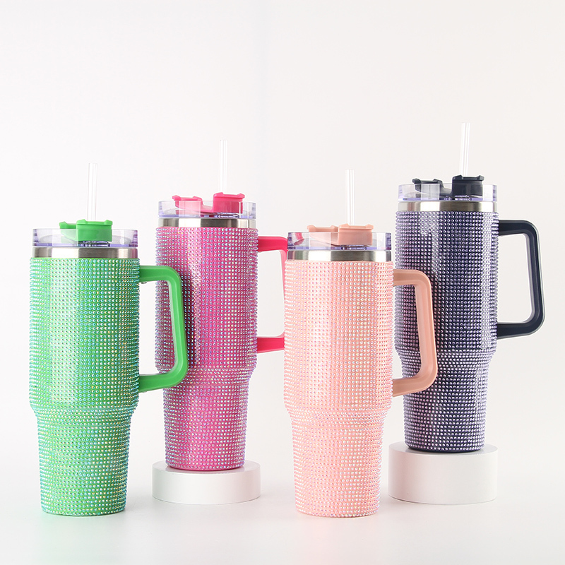 Glass Rhinestone White Double Wall Stainless Steel Mug 40Oz Tumbler With Handle and Straw