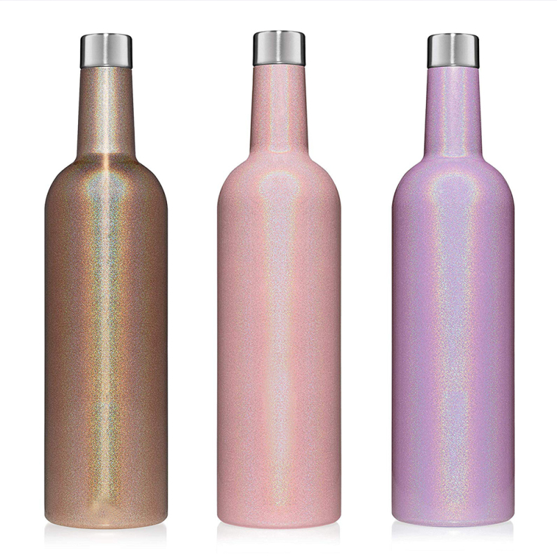 25 Oz Glitter Wine Insulator Triple-Walled 750ml Stainless Steel Wine Growler Bottle With Silicone Funnel