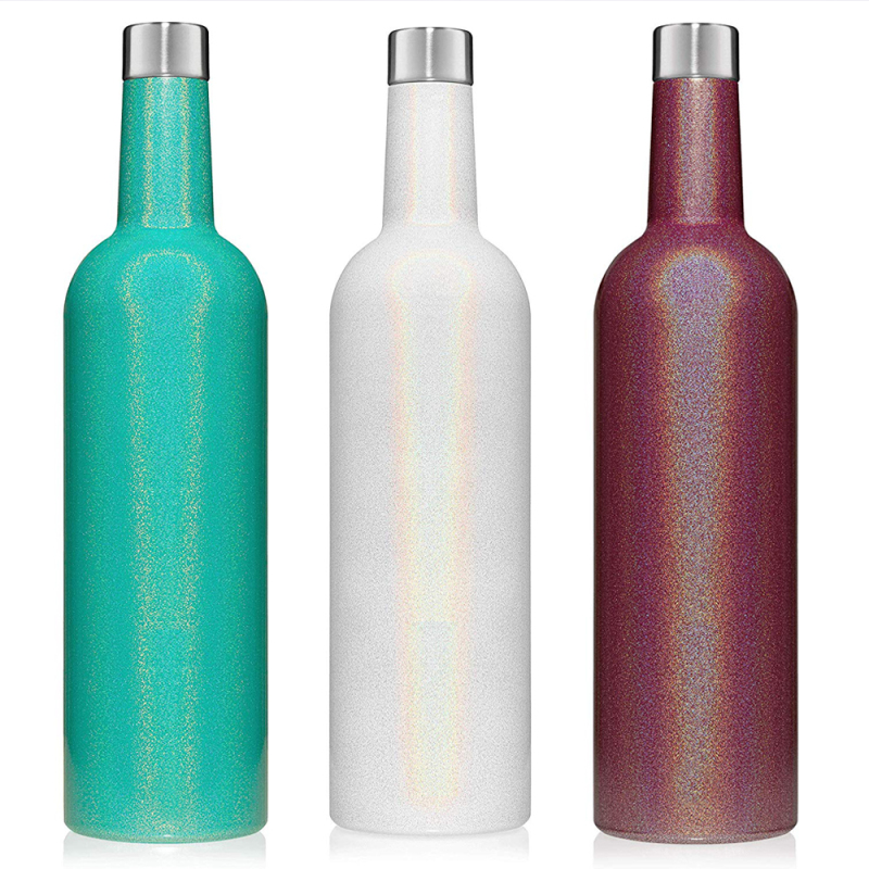 25 Oz Glitter Wine Insulator Triple-Walled 750ml Stainless Steel Wine Growler Bottle With Silicone Funnel