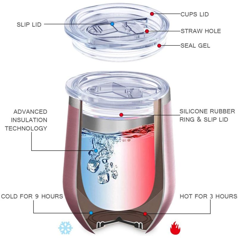 Wholesale Custom Stainless Steel Stemless 12oz Wine Tumblers with Lid and Straw Vacuum Insulated 12 oz Glass Wine Cups