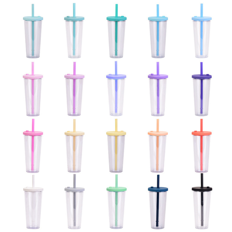 Custom Double Wall Insulated Design Clear Reusable Hard Plastic Cups With a Leakproof Lid and Straws