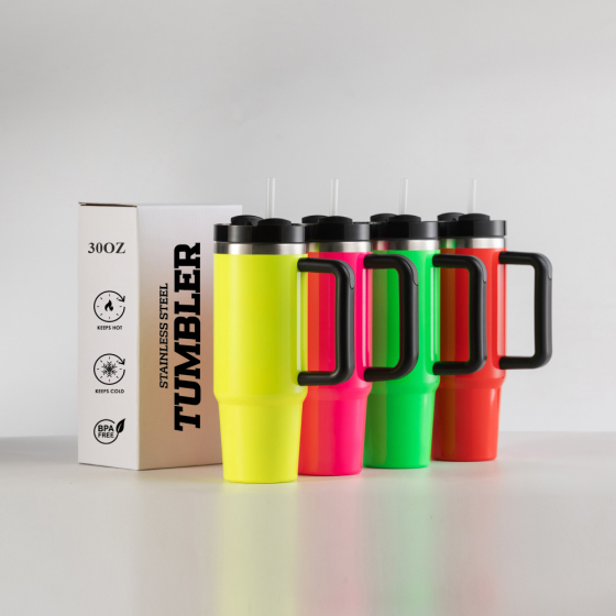 Wholesale Stainless Steel Double Wall  Car Neon 30Oz Cups Tumbler With Handle Straw