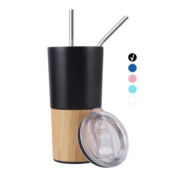 Factory Double-Layer 304 Stainless Steel Vacuum Bamboo Car Mug 20oz Coffee Mug  With Straws