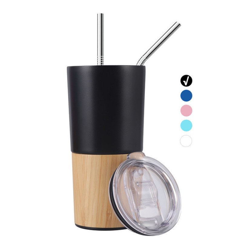 Factory Double-Layer 304 Stainless Steel Vacuum Bamboo Car Mug 20oz Coffee Mug  With Straws