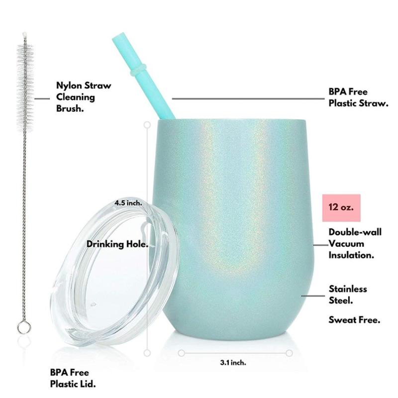 12 oz Glitter Blended Stemless Wine Tumbler Stainless Steel Double Wall Vacuum Insulated Cups With BPA Free Lid