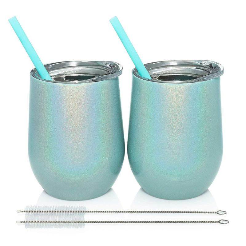 12 oz Glitter Blended Stemless Wine Tumbler Stainless Steel Double Wall Vacuum Insulated Cups With BPA Free Lid