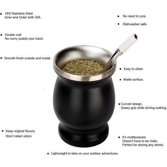 New Design 8 Oz Tall Double Wall Insulated Stainless Steel Color Big Tea Yerba Mate Mugs Tumbler Cup With Black Mate Color