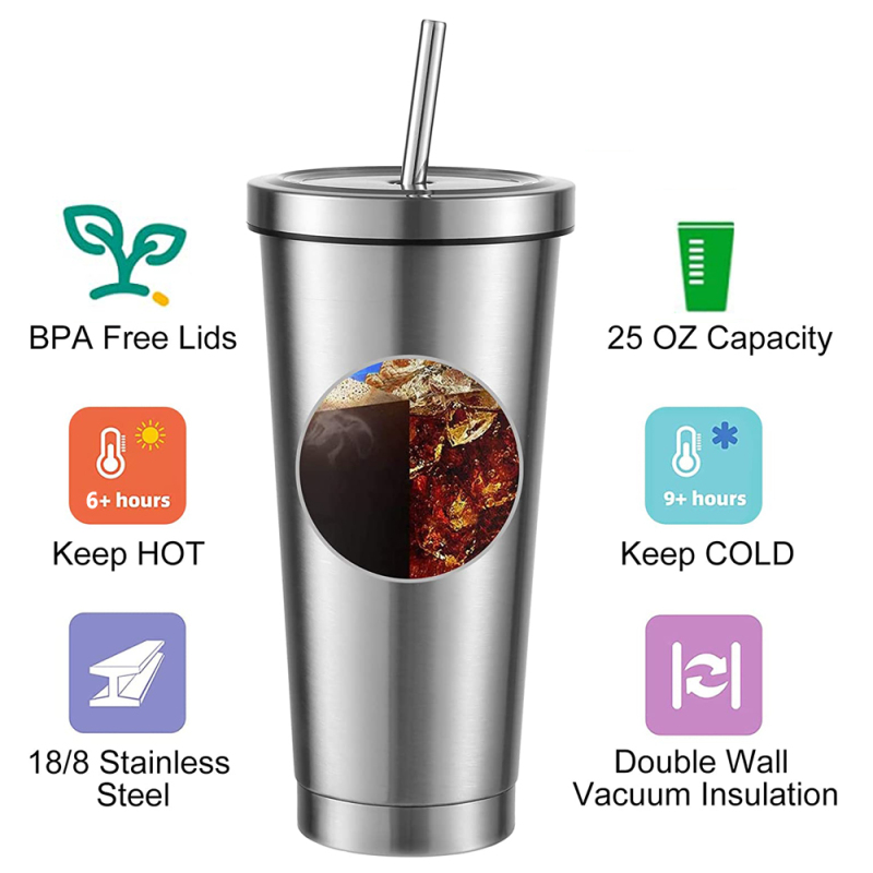 Custom Bulk 750Ml 24Oz  Double Wall Insulated Stainless Steel Glass Water Tumbler Cup With Lids and Straw