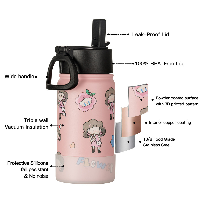 Wholesale Price Fancy Reusable Bpa Free School Pink Metal Double Wall Stainless Steel Children Kids Water Bottle for Girls