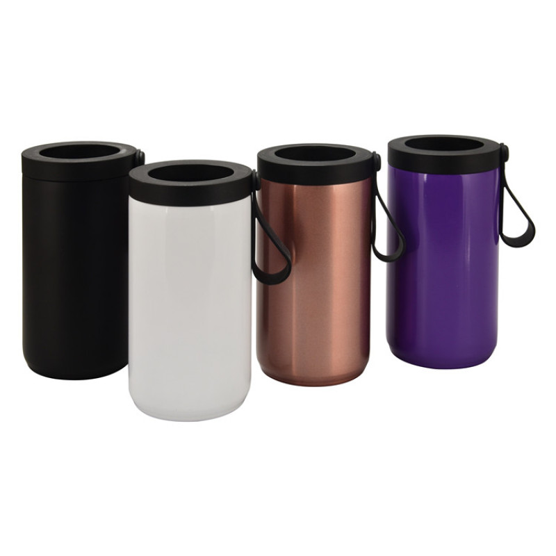 4 in 1 Stainless Steel Black 12 oz 304 Metal Double Walled Insulated Slim Skinny Can Cooler Tumbler With Silicone Handle