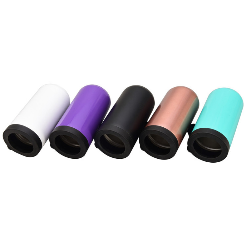 4 in 1 Stainless Steel Black 12 oz 304 Metal Double Walled Insulated Slim Skinny Can Cooler Tumbler With Silicone Handle