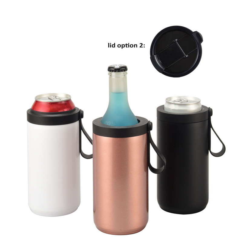 4 in 1 Stainless Steel Black 12 oz 304 Metal Double Walled Insulated Slim Skinny Can Cooler Tumbler With Silicone Handle