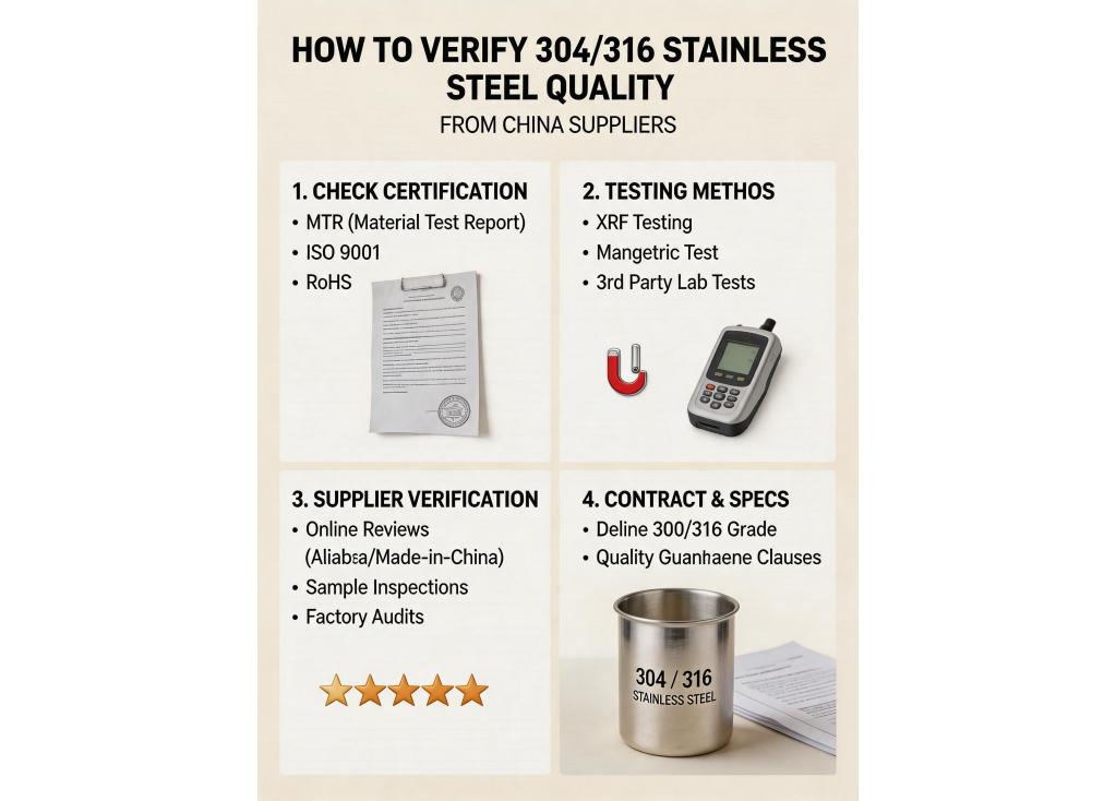 How to verify certifications and material quality (like 304/316 stainless steel) from China-based suppliers?