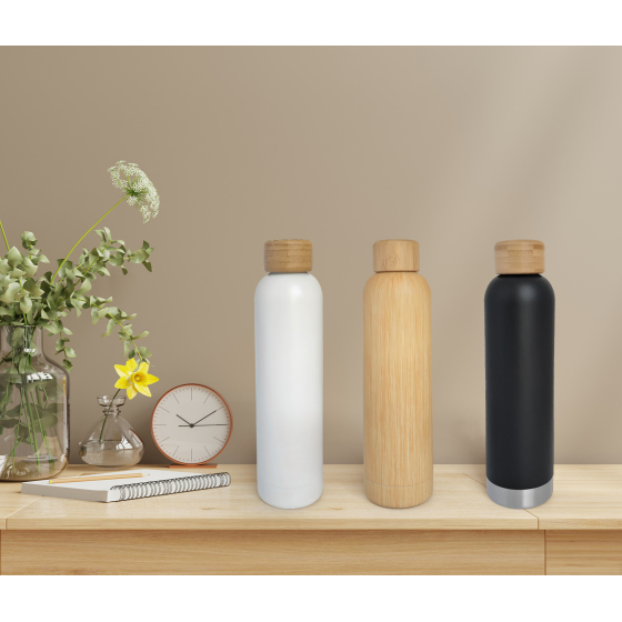 600ml double wall stainless steel water bottle with bamboo lid 