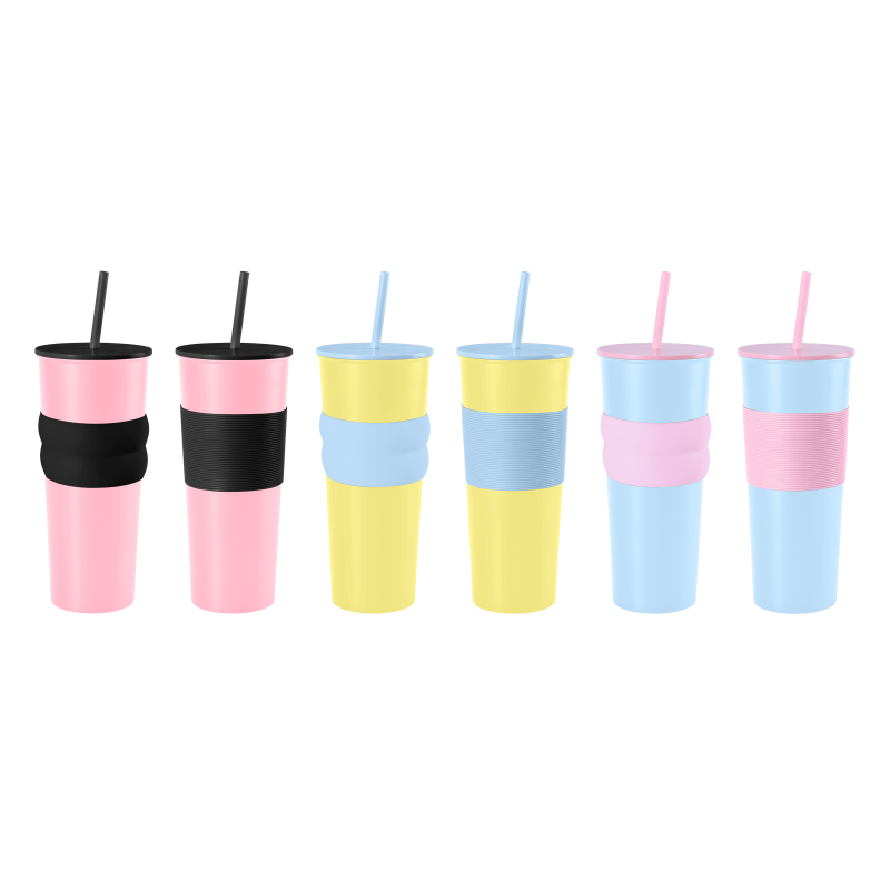 700ML Single Wall Stainless Steel Cup with Straw Lid & Non-slip Silicone Sleeve