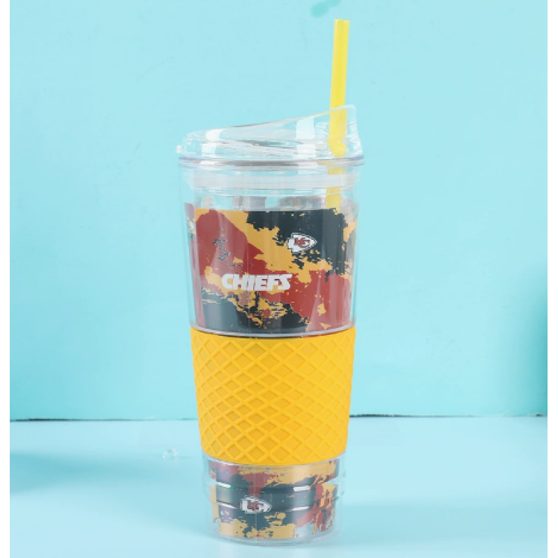 900ML Double Wall Plastic Straw Promotional Cup With silicone cover