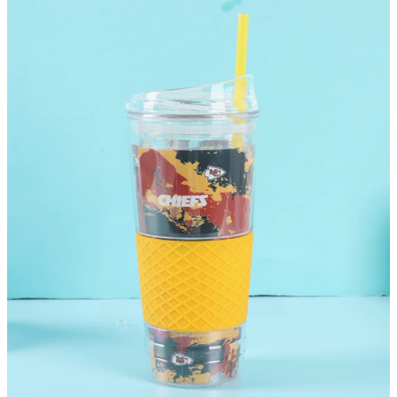 900ML Double Wall Plastic Straw Promotional Cup With silicone cover