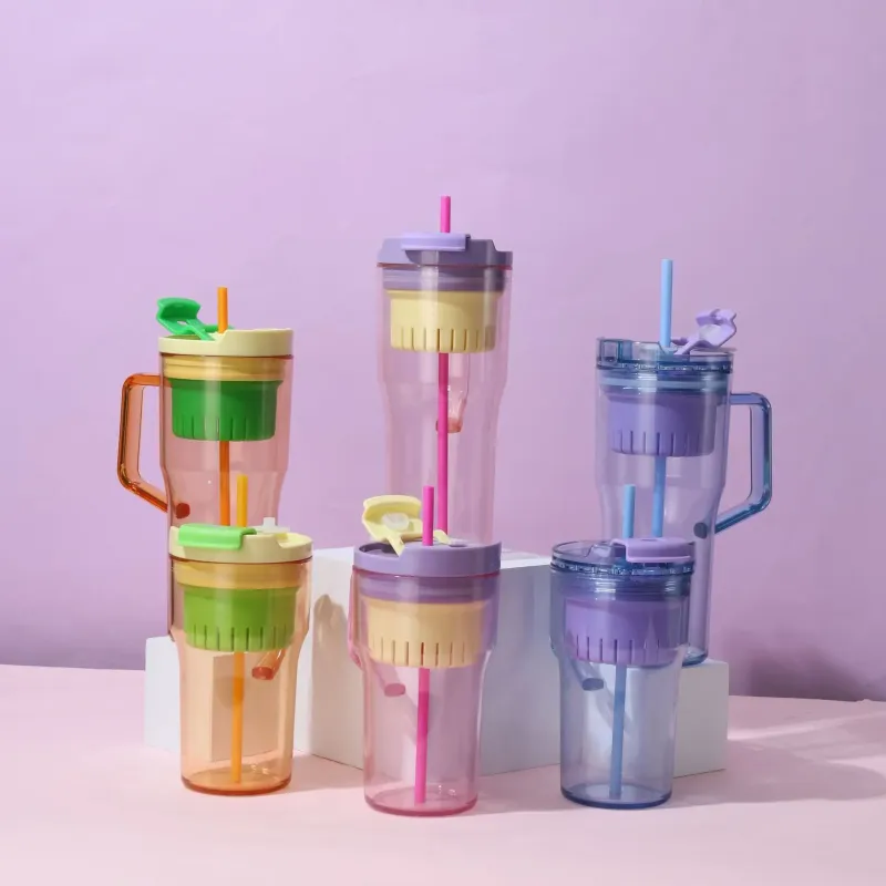 large capacity 40oz plastic clear cup with handle car straw cup with strainer dual drink bottle