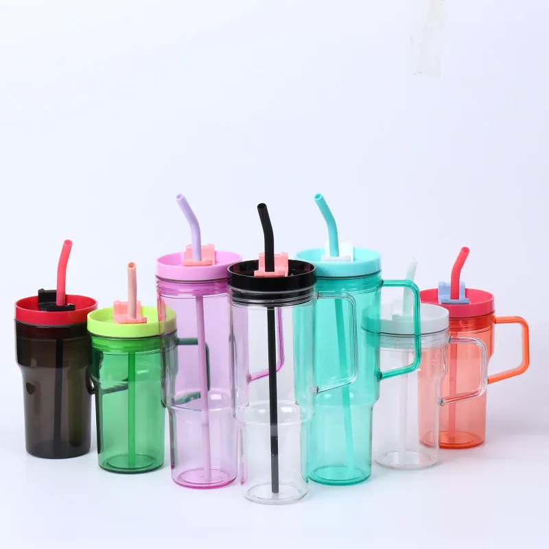 40oz ECO friendly products plastic cup clear colored Acrylic tumbler beer mugs mason jars with handle and colored lids