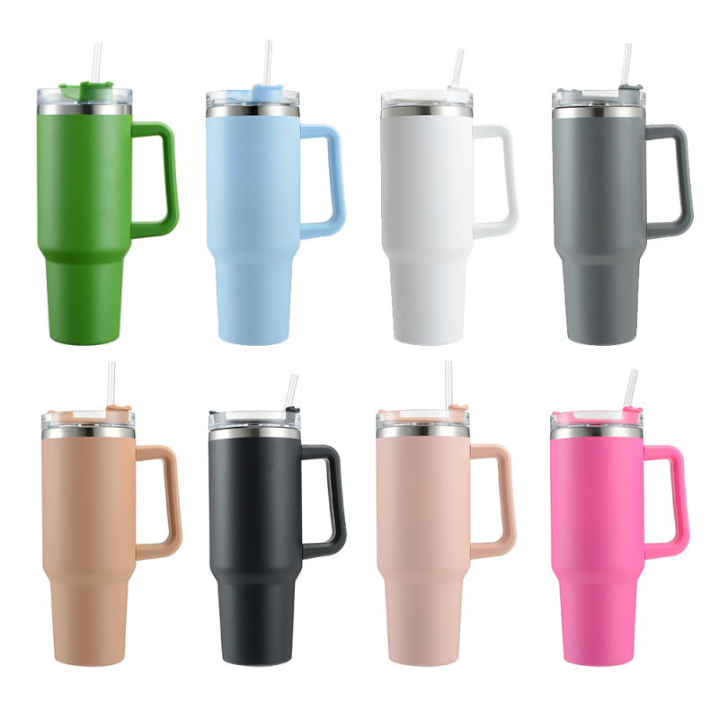 Custom Double Walled Insulated Vacuum Sealed Stainless Steel Yellow 40Oz Car Wine Cup Mug Tumbler With Handle And SpillProof Lid