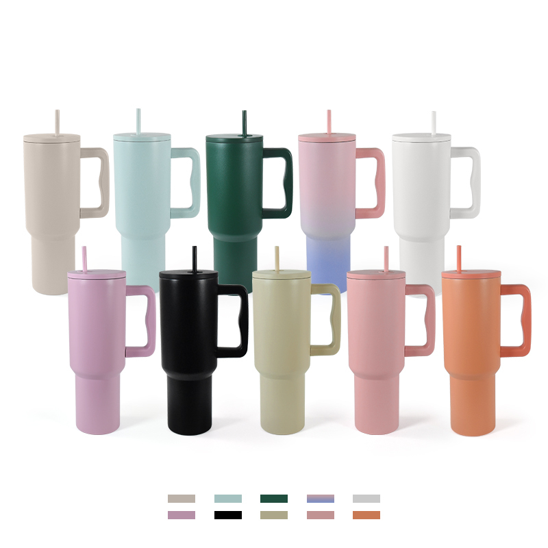 Customized Logo New Type 40oz  Powder Coated Multi Colors Water Bottles Stainless Steel Car Tumblers With Handle and Straws