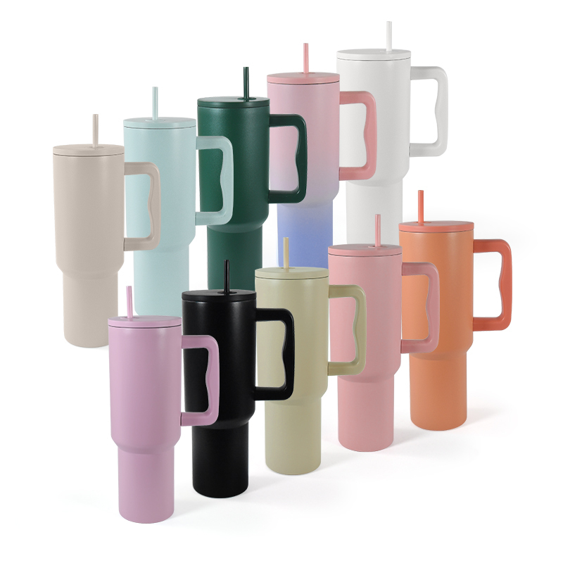 Customized Logo New Type 40oz  Powder Coated Multi Colors Water Bottles Stainless Steel Car Tumblers With Handle and Straws
