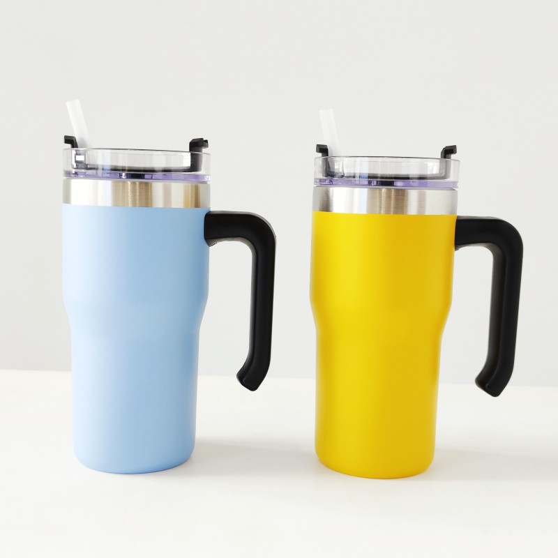 Custom Powder Coated Double Wall Vacuum Metal Cup Reusable Stainless Steel Insulated Car Mug with handle