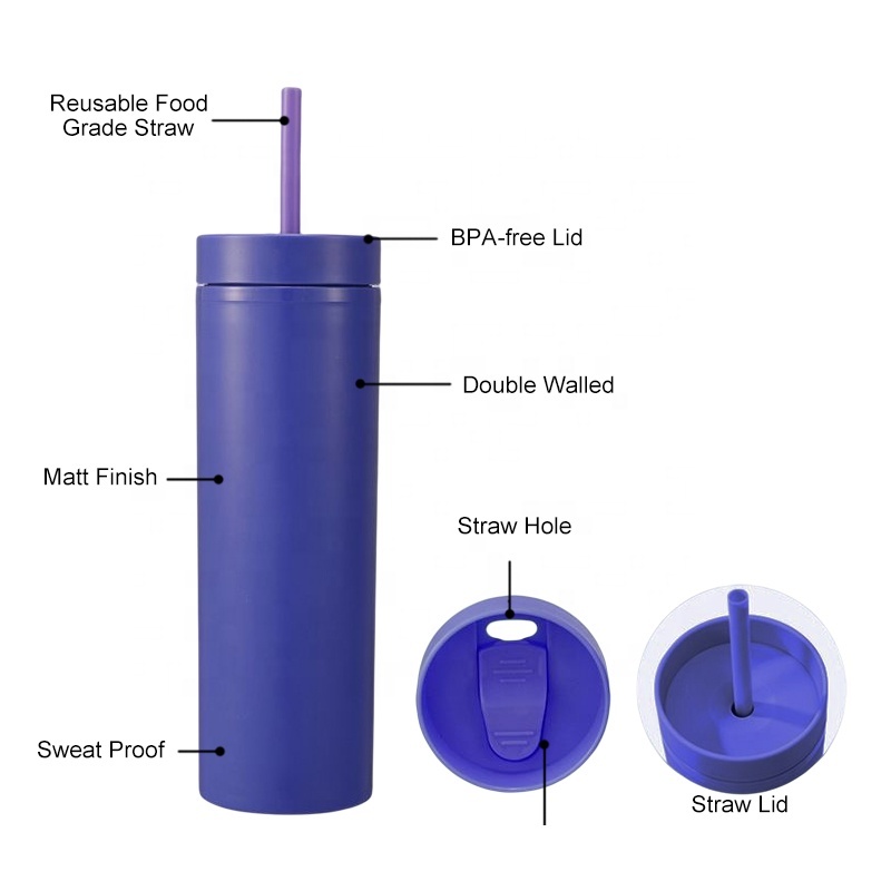 Factory Wholesale Customized 16oz Skinny Straight Tumbler Matte Colors Double Walled Plastic Water Cups 16 oz with Lid and Straw